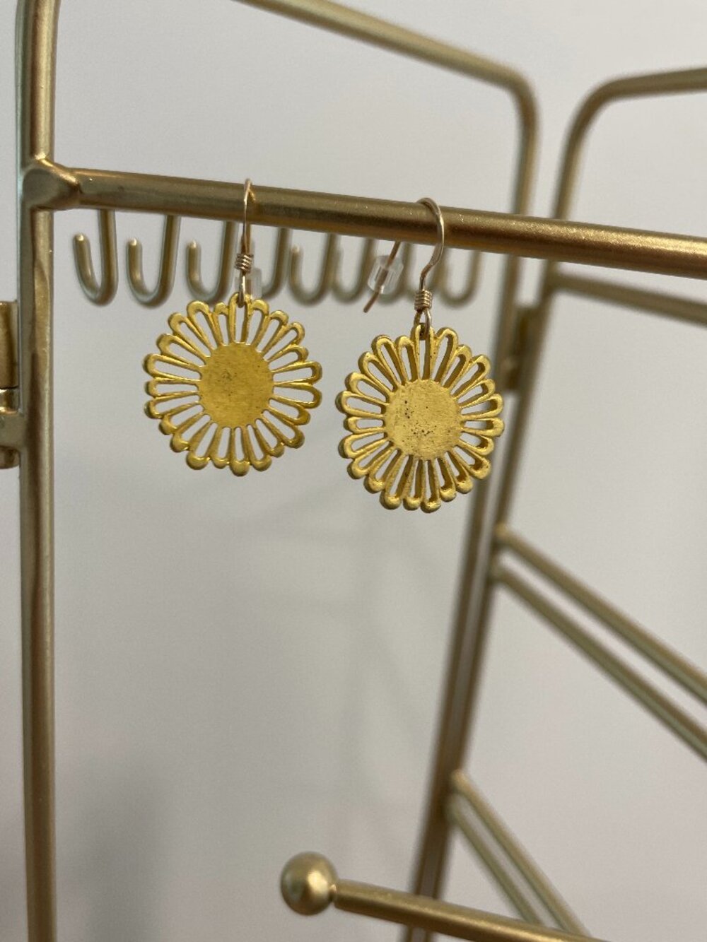 Gold Sunflower Dangle Earrings 14Kt gold Filled French Hook Statement Drop - Picture 7 of 8